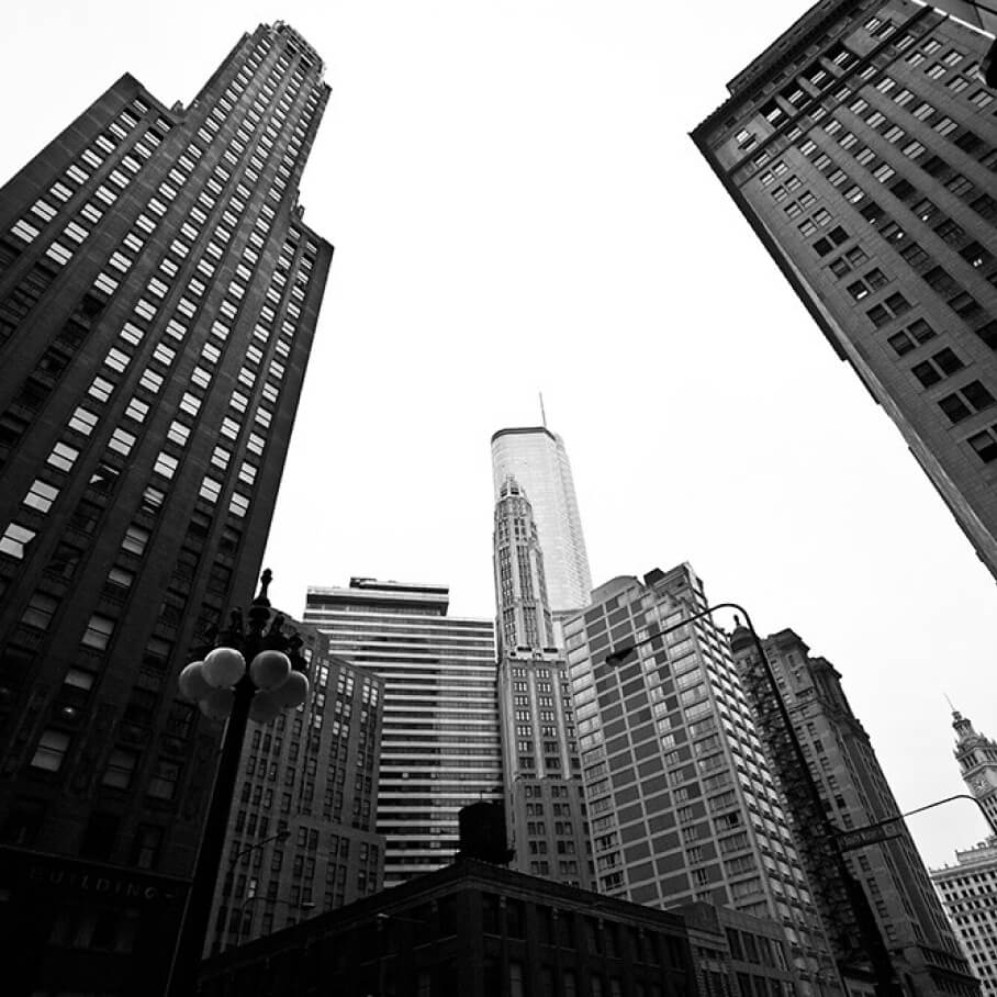 city buildings in black and white