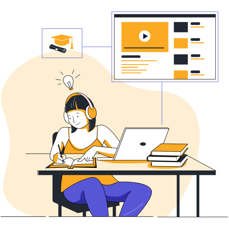 illustration of a student smiling while studying at home in front of a laptop